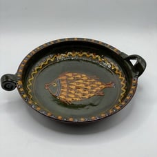 Studio Art Pottery Signed Redware Hand Painted Fish Motif Serving Handled Bowl