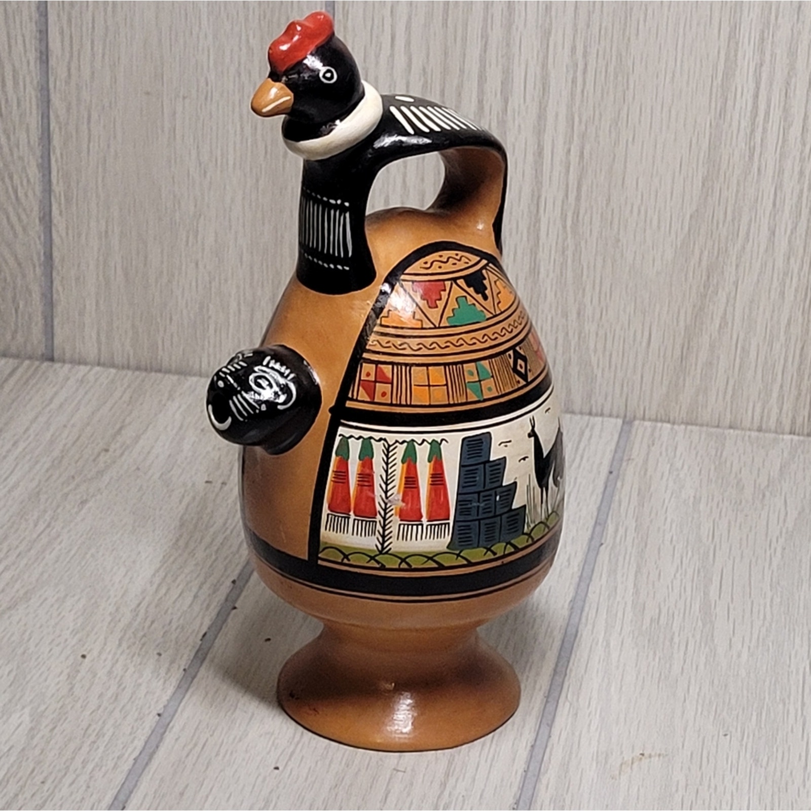 Vintage Cusco Peru Art Pottery Chicha Jaguar Rooster Jug Pitchers Hand Painted
