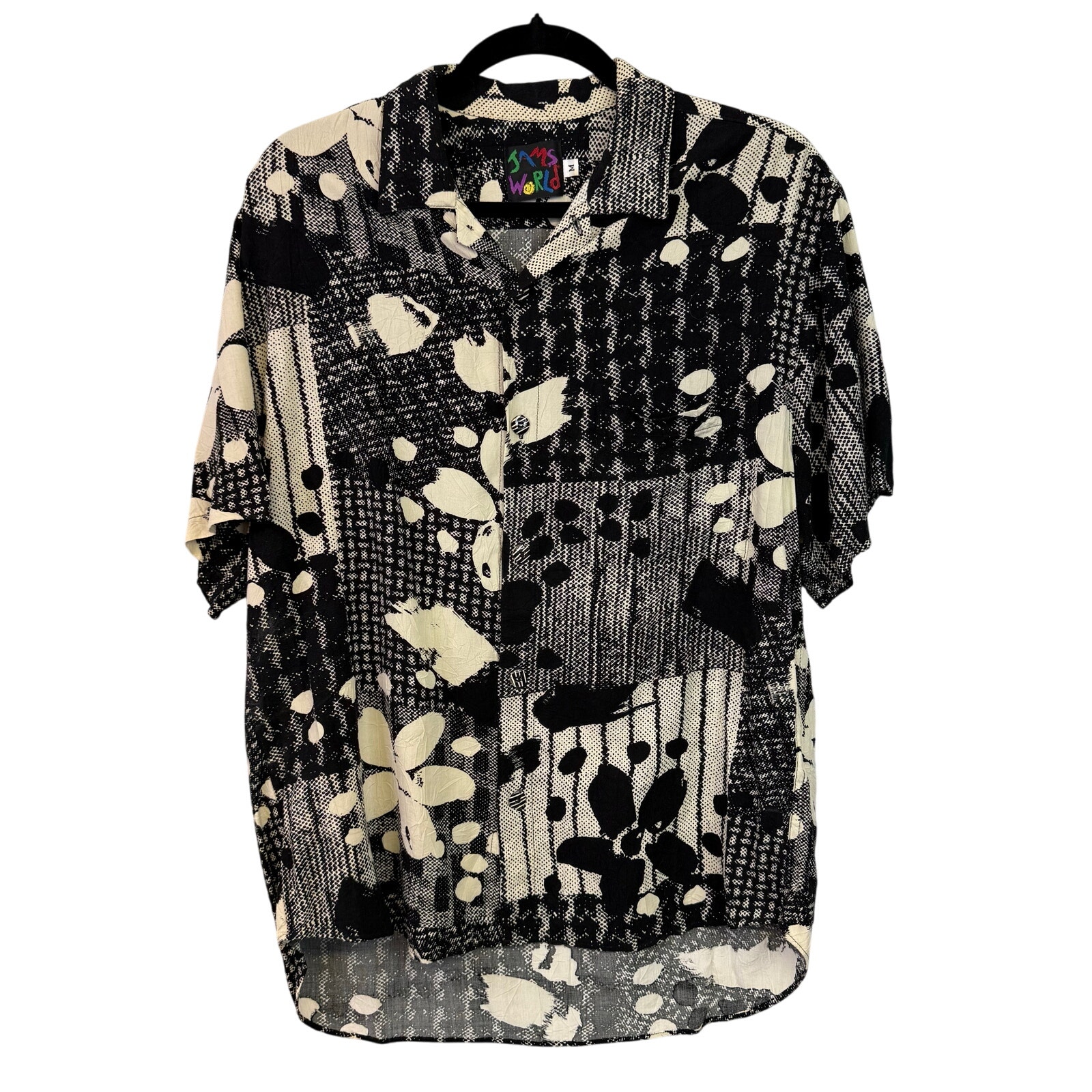 Jams World Short Sleeve Button Up Shirt Medium Black White Diva Rayon Vintage