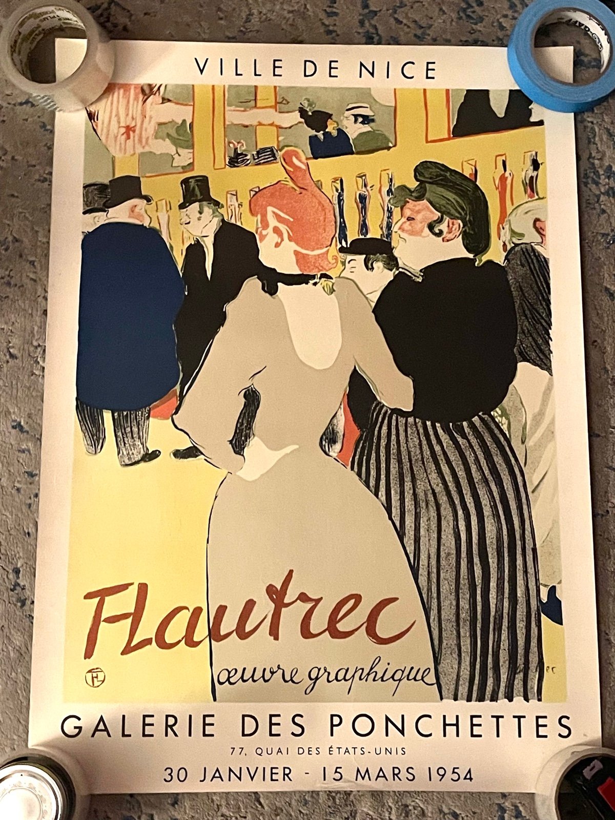 FLAUTEC GALERIE DES PONCHETTES 1954 Toulouse Lautrec VINTAGE POSTER 28 x 20