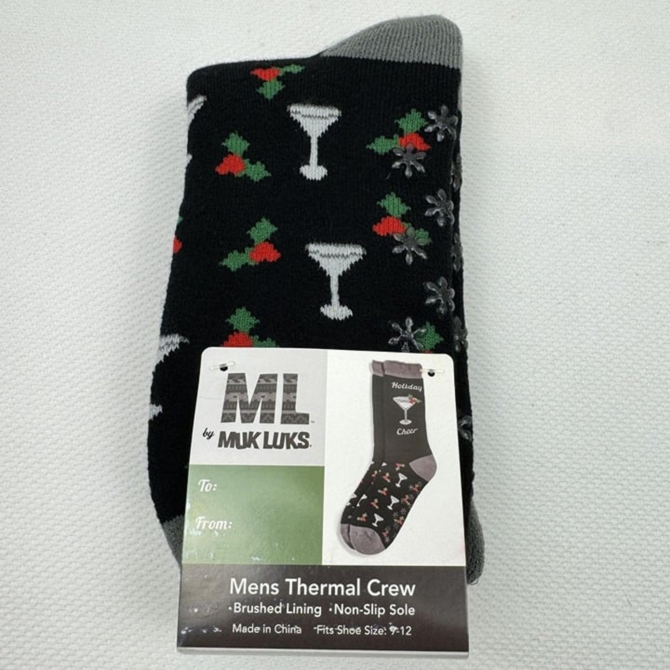 Muk Luks Mens Holiday Cheer Thermal Crew Socks Martini Christmas Holly Size 9-12