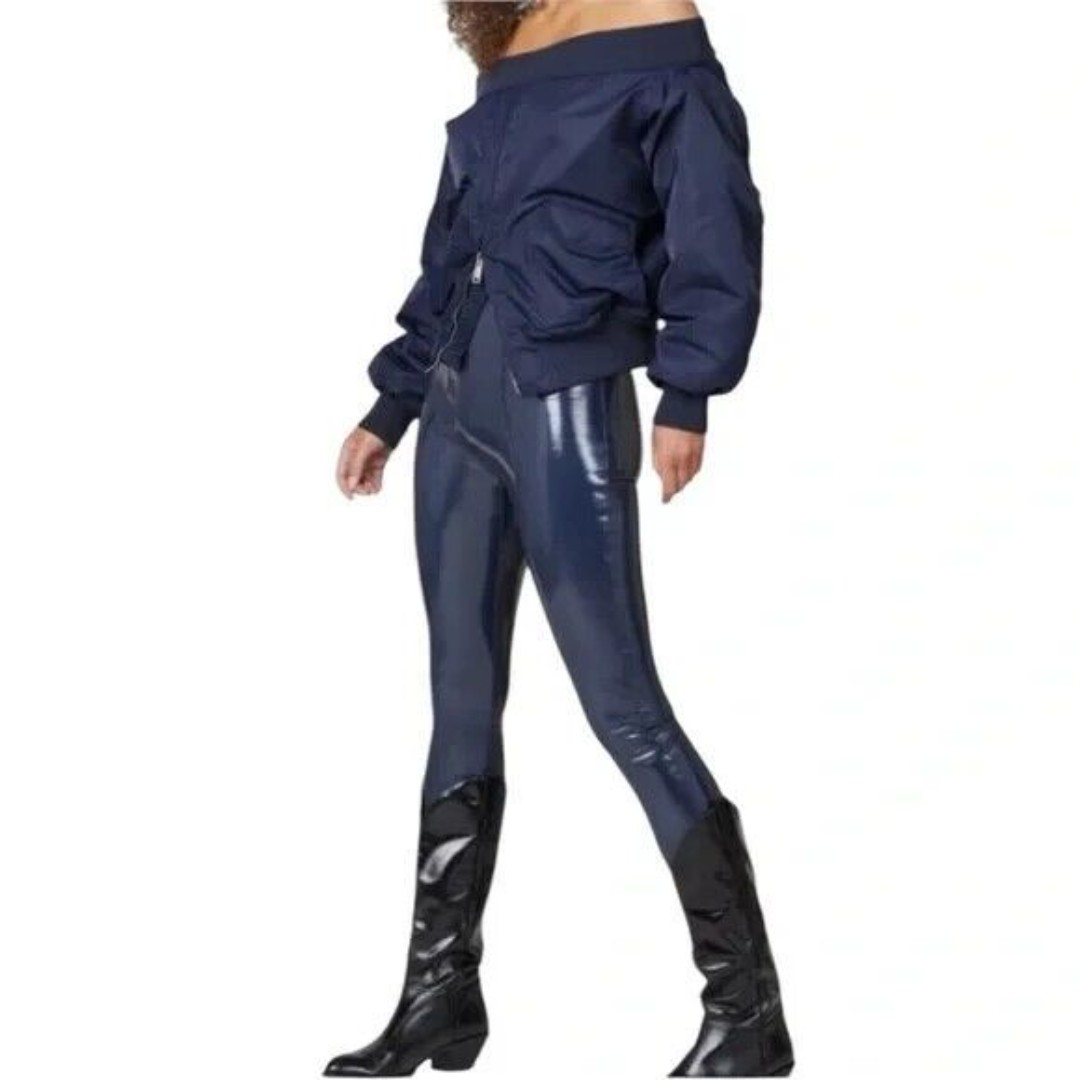 Spanx Faux Patent Leather Leggings High Waisted Navy Blue Womens Size Large NEW