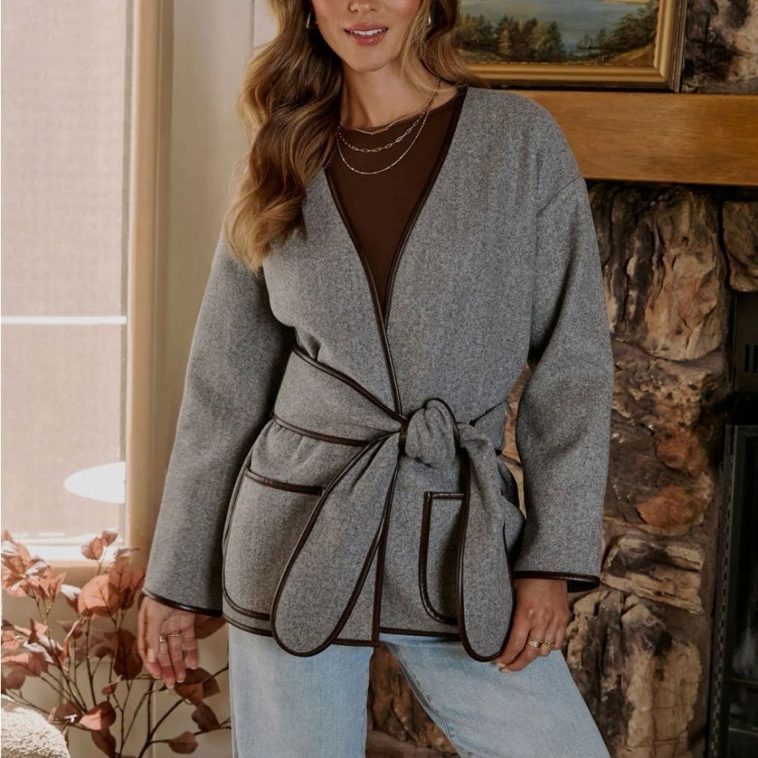 Vici Chill Bound Contrast Trim Wrap Coat with Belt in Gray and Brown - Size M