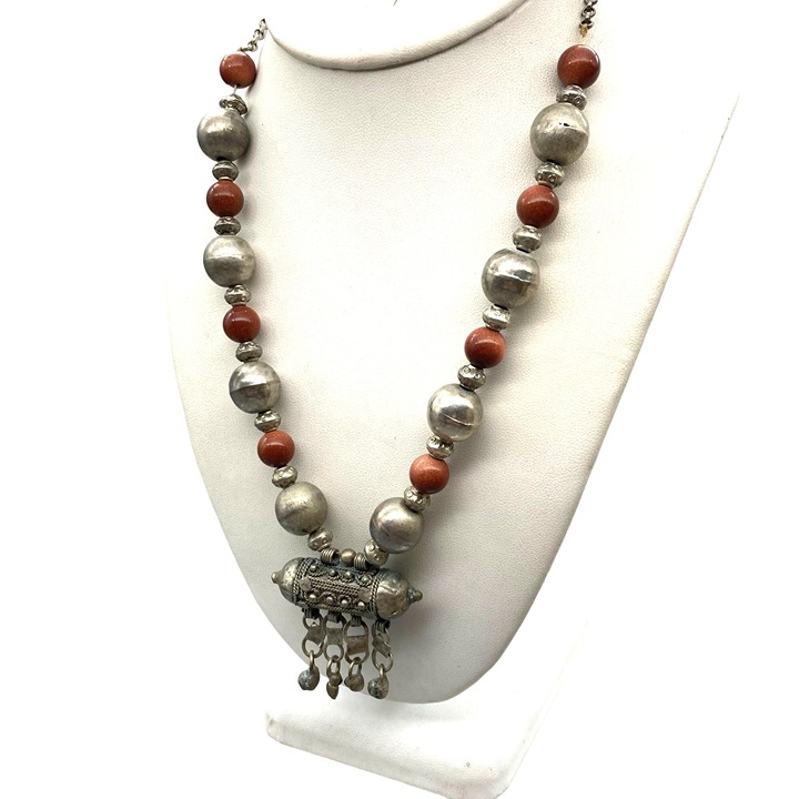 Vintage Prayer Box Necklace with Beaded Chain and Cylinder Pendant