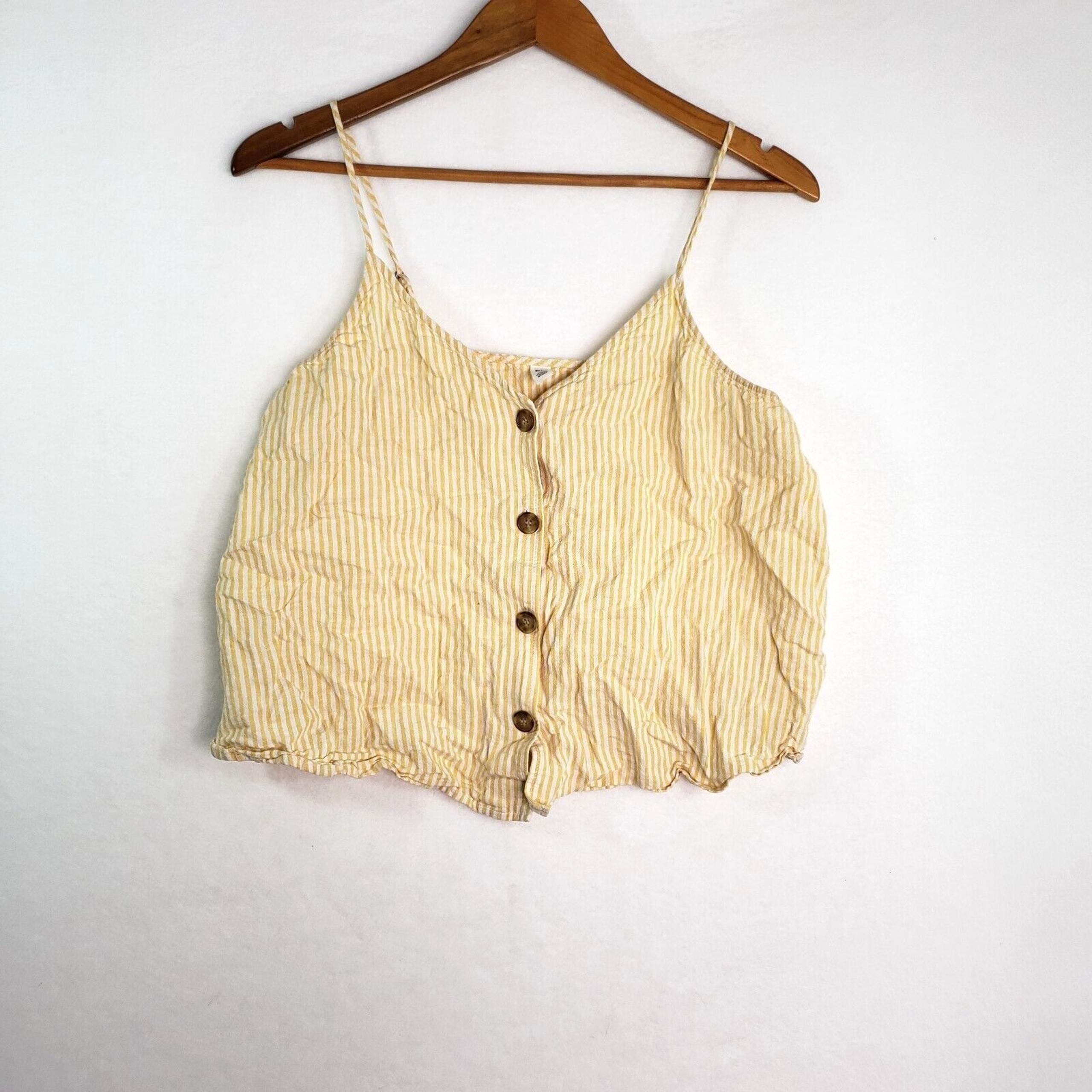 BP Striped Cami Top Womens L Yellow Button Front Cropped Linen Blend Sleeveless