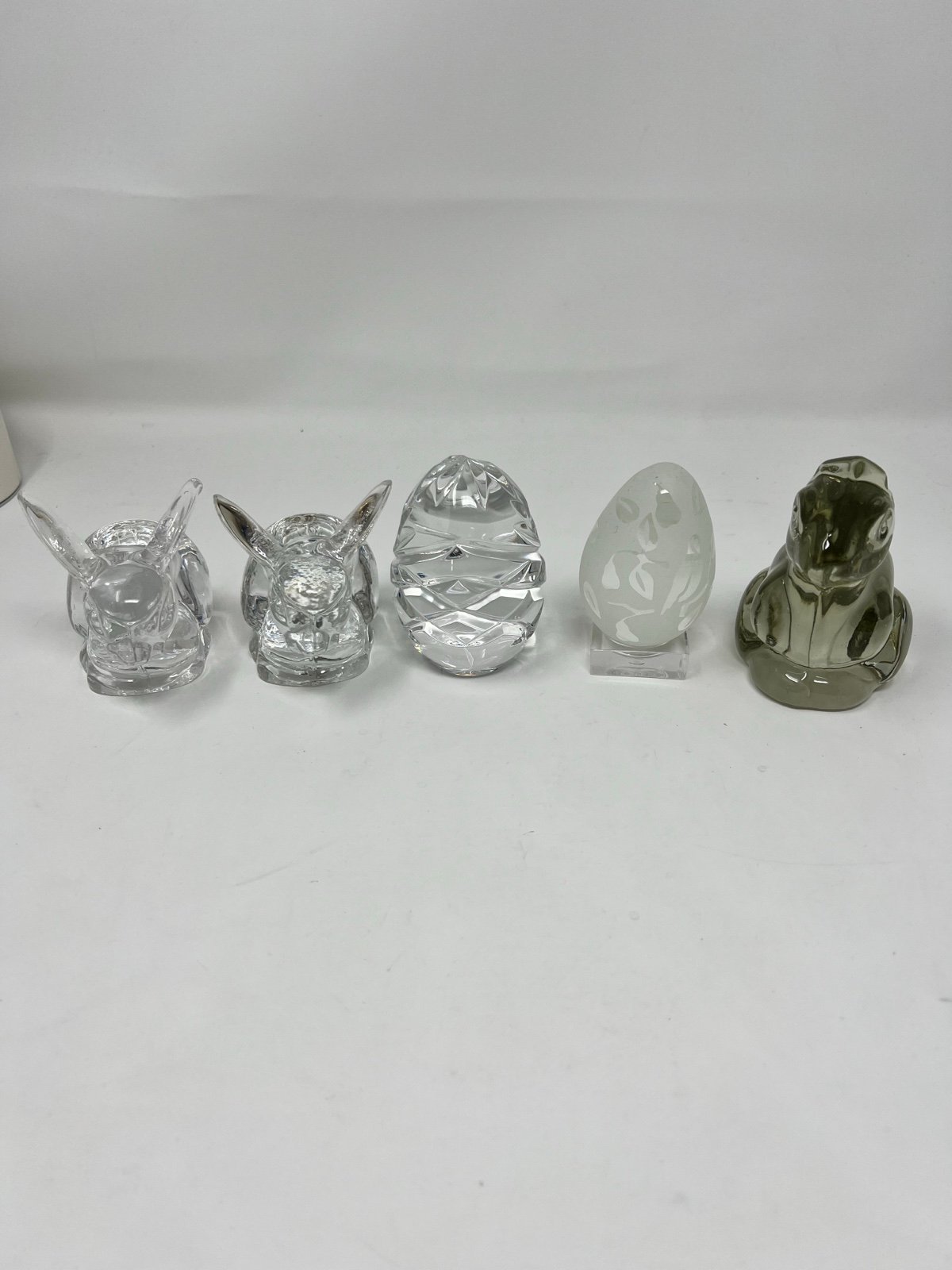 5 Crystal Figurines 2 clear candle holder Bunny’s 1 smoky color bunny 2 eggs Fig