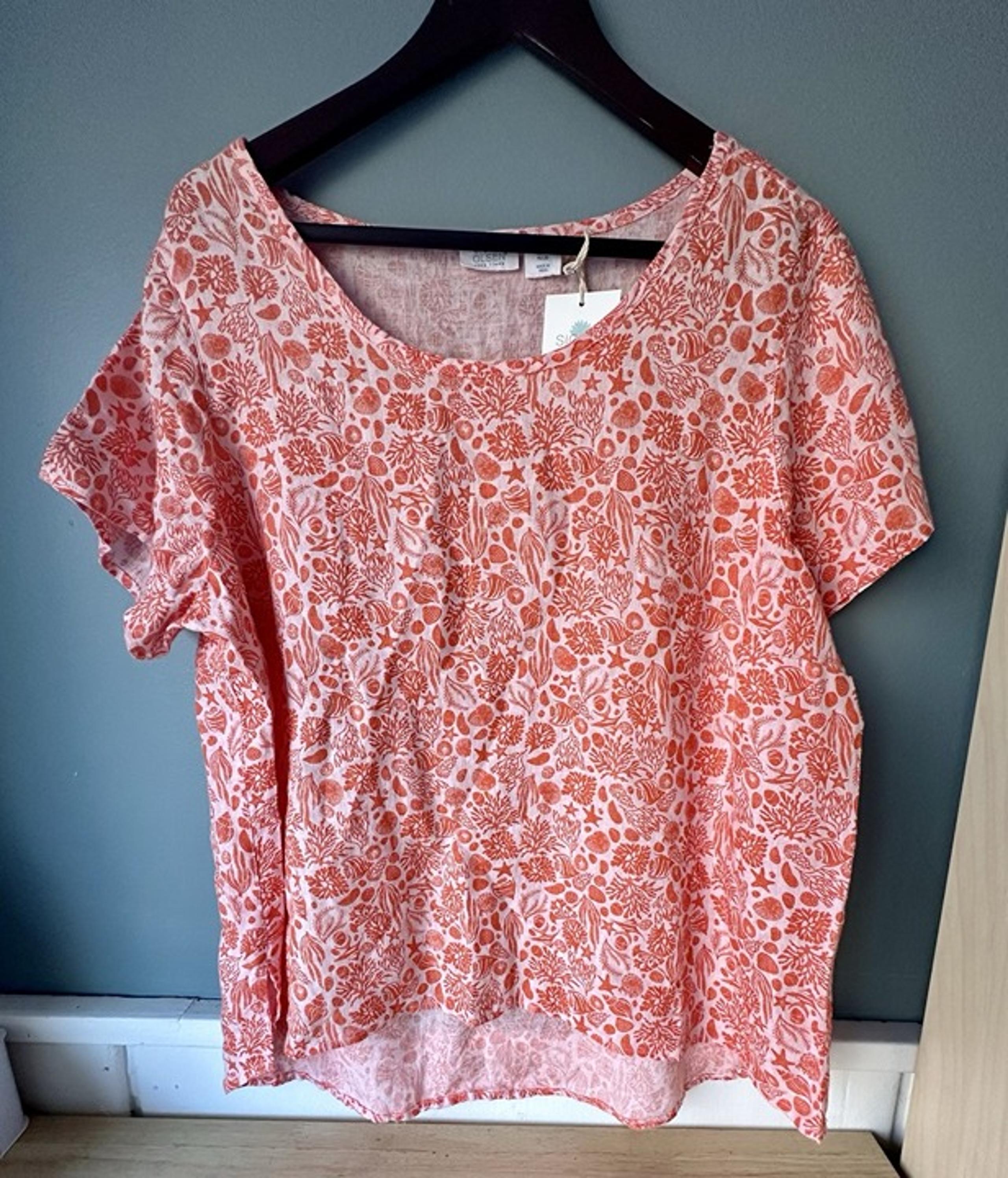 Sigrid Olsen Womens Shirt Top Size XL Pink Orange Floral Linen Short Sleeve