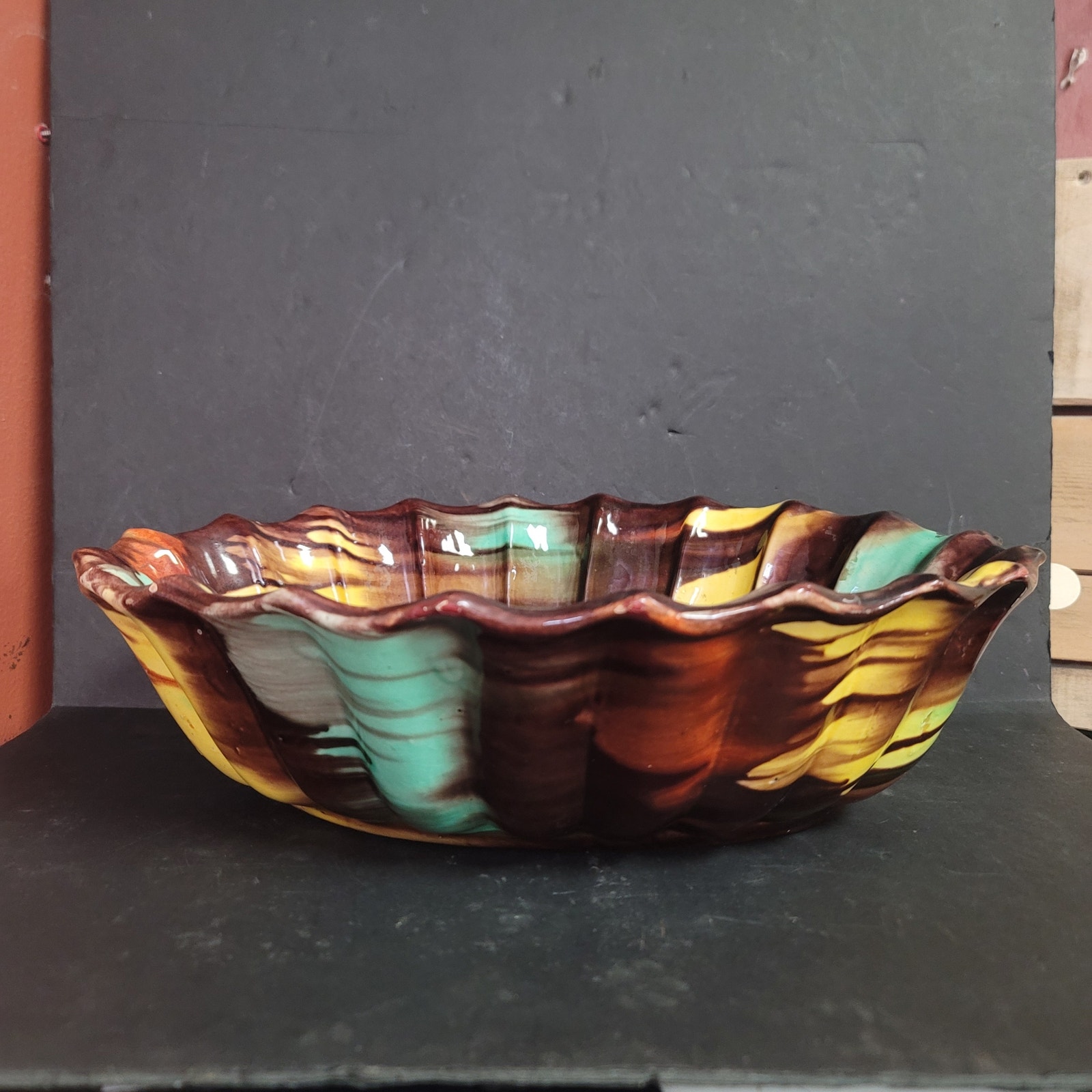 Vintage Oaxacan Dripware Drip Ware Hand Made Glazed Mexican Oblong Console Bowl