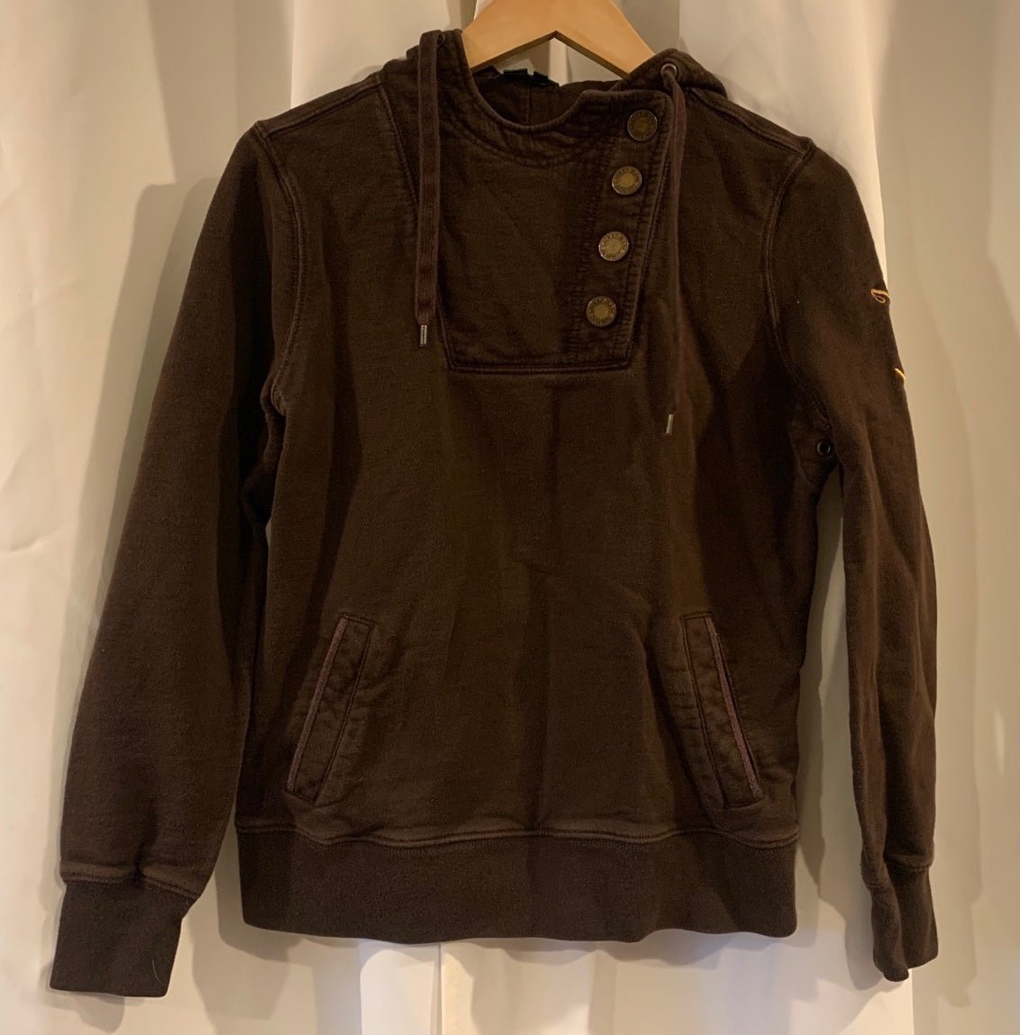 Lauren Jeans Company Women's Brown Logo Snap Detail Hooded Sweatshirt Small