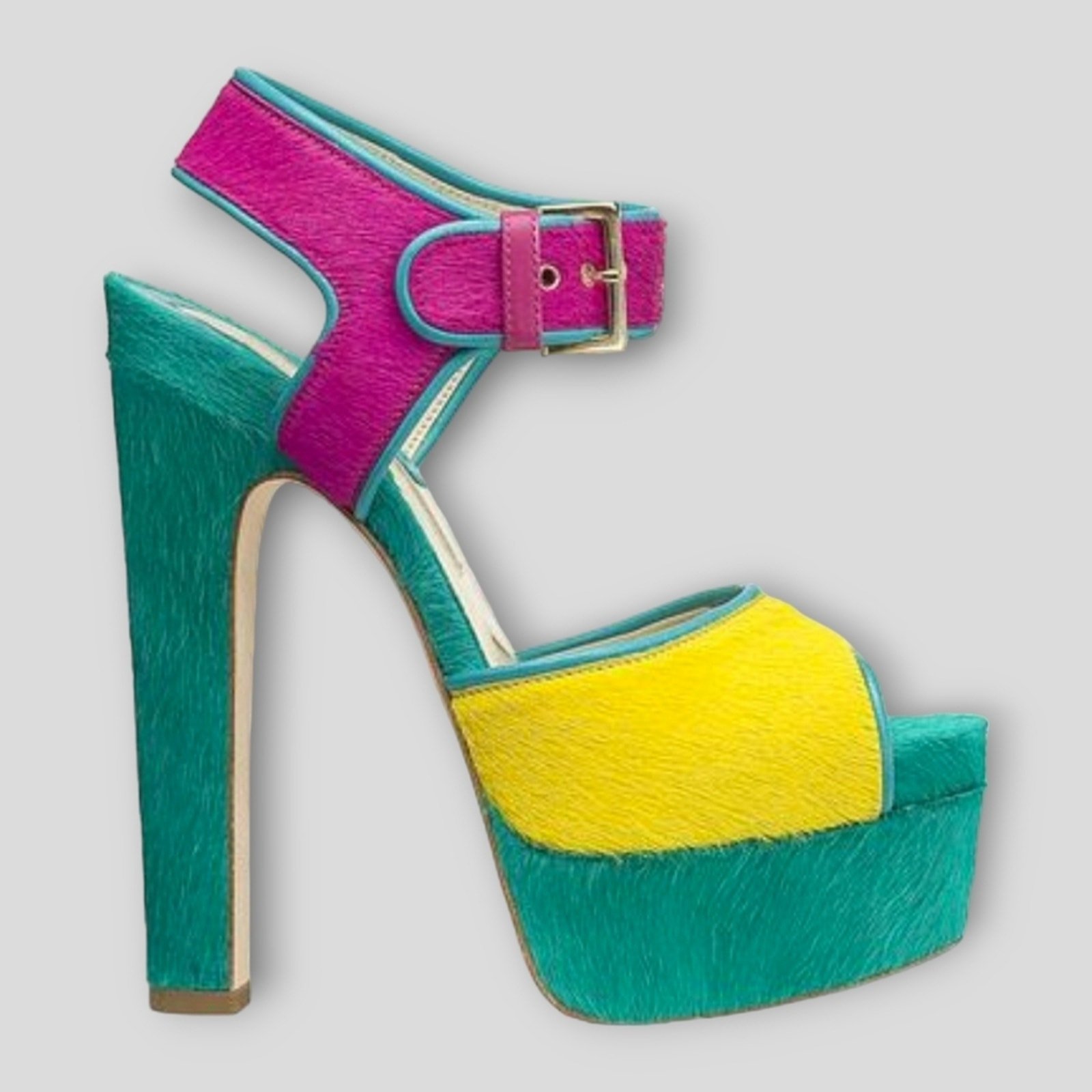 Brian Atwood Karin Multicolor Pony Hair Platform High Heel Sandal Shoes Size 39
