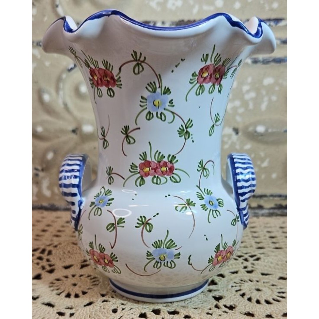 Handmade Hand Painted Castelli Pottery Italian Vase L. Pardi Floral Design 7''