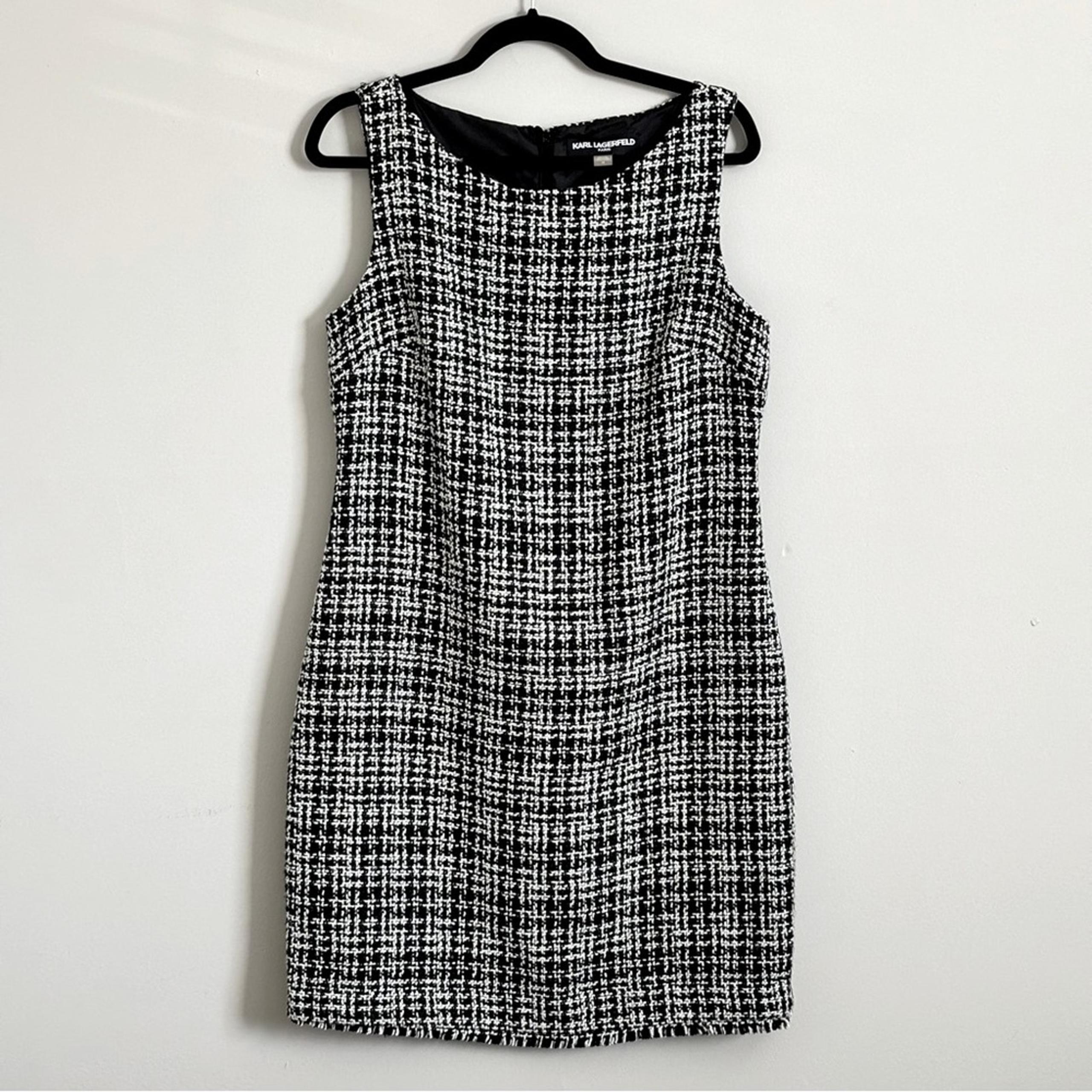 Karl Lagerfeld Black & White Tweed Boat Neck Sleeveless Sheath Dress, Size 12