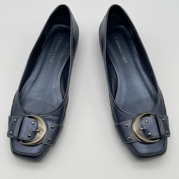 Coldwater Creek Shoes Womens Size 8.5 Metallic Blue Leather Flats Slip-On Buckle