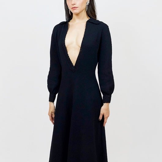 Vintage Black Deep V Dress Small Collared Long Bishop Sleeve Gown Sweater Dress