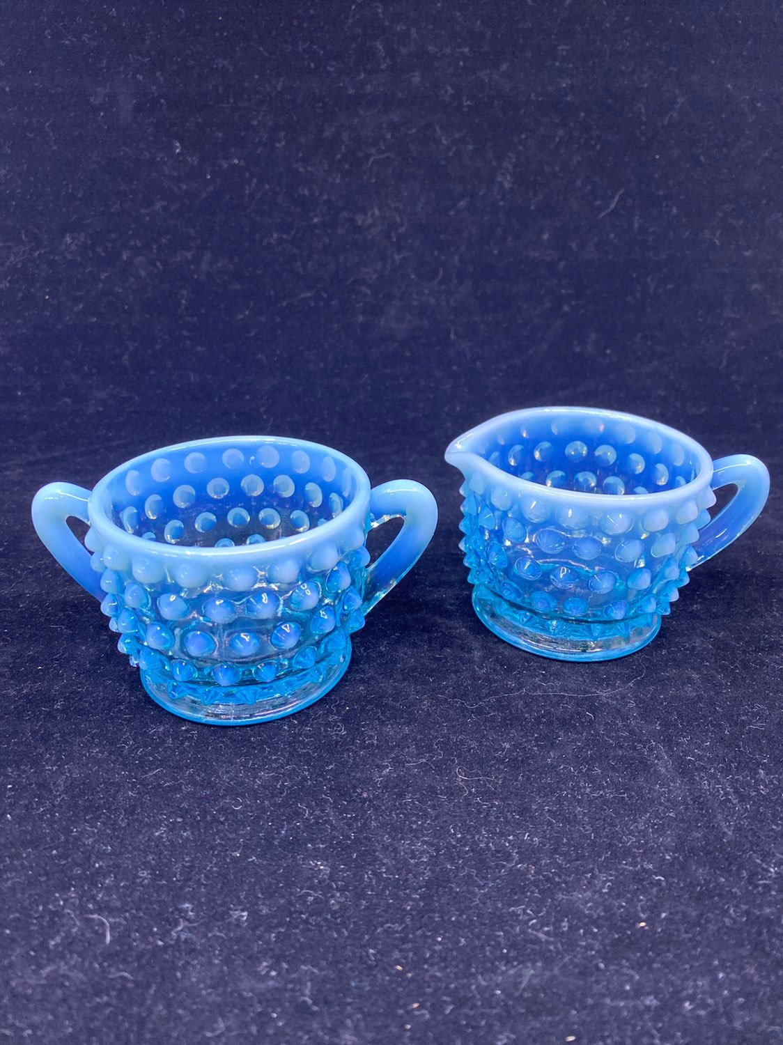 Vintage Fenton Blue Opalescent Hobnail Sugar and Cream Set made 1948 to 50’s