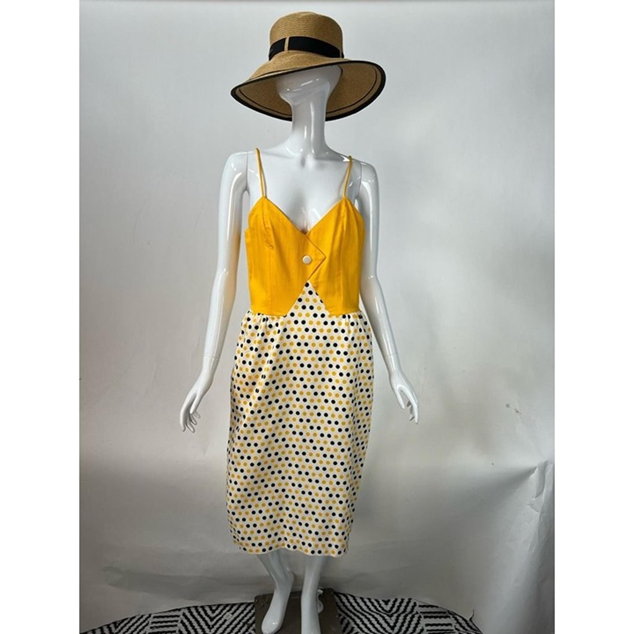 Vintage Custom Womens Dress Yellow Polka Dot Midi V Neck Spaghetti Strap Retro M