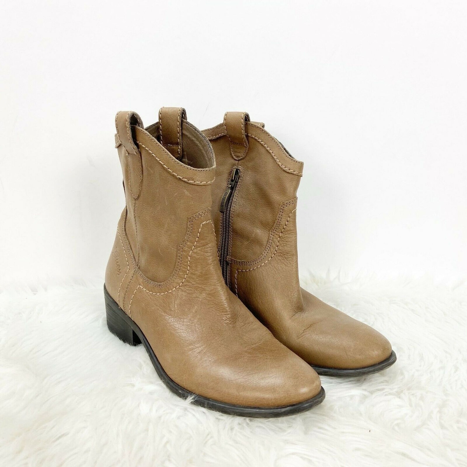 Guess 6.5 M Womens Tan Leather Gennette Western Style Heeled Boots