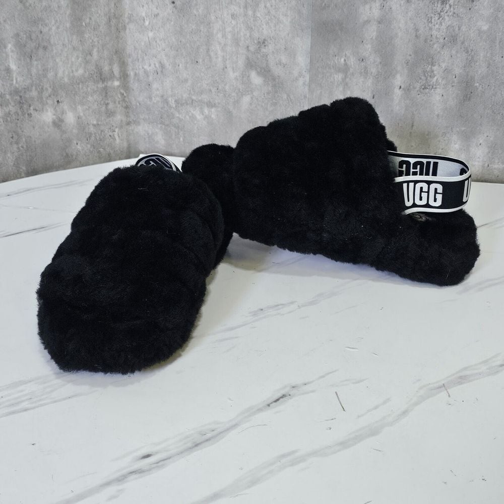 UGG Womens 6 Fluff Yeah Slide Black Slippers Sling Back Logo