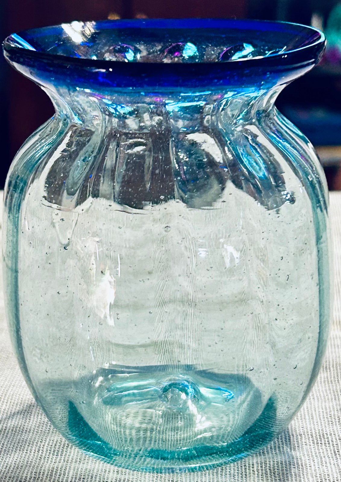 RARE Hand Blown Mexican Glass Cobalt Blue Rim Pontil Bottom Vase