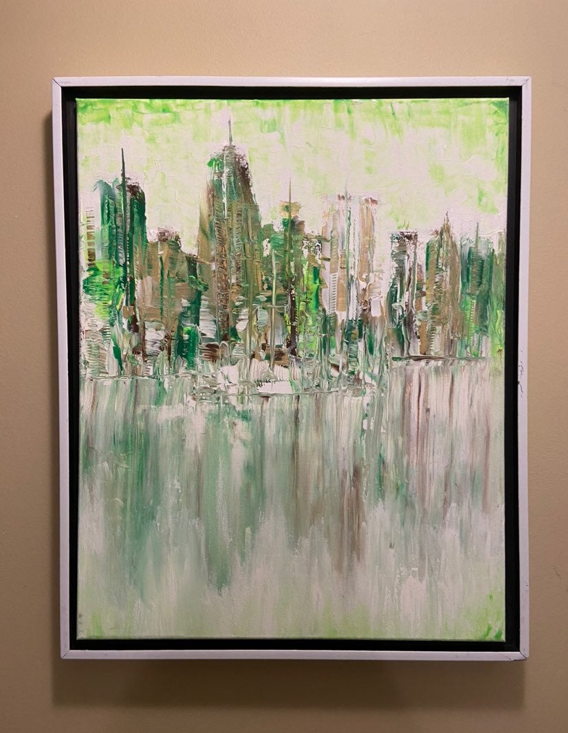 Green Brown Abstract City Painting 16x20