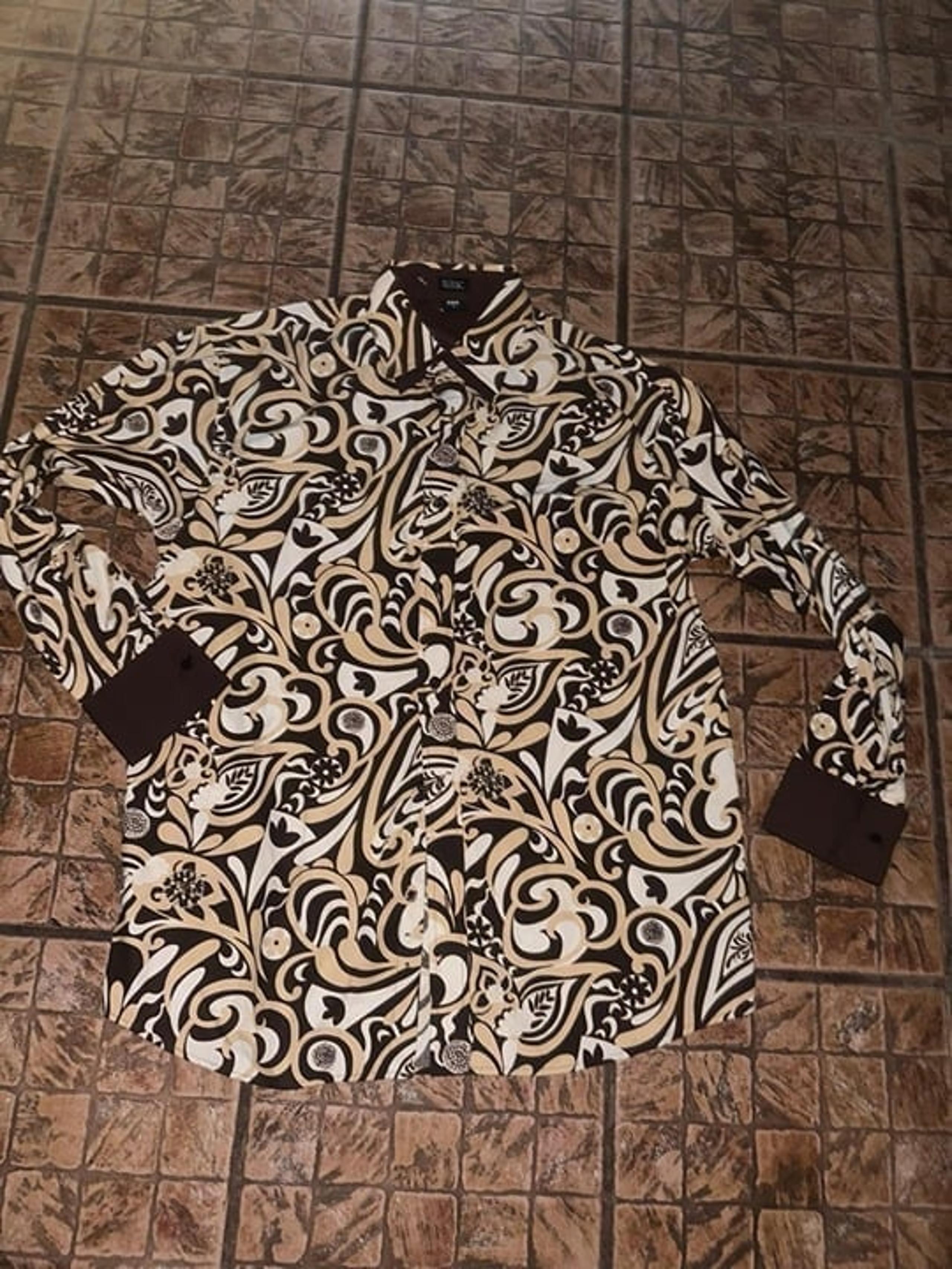 Dtek Jeans Men Shirt Sz Large Brown White Double Collar French Cuffs EUC