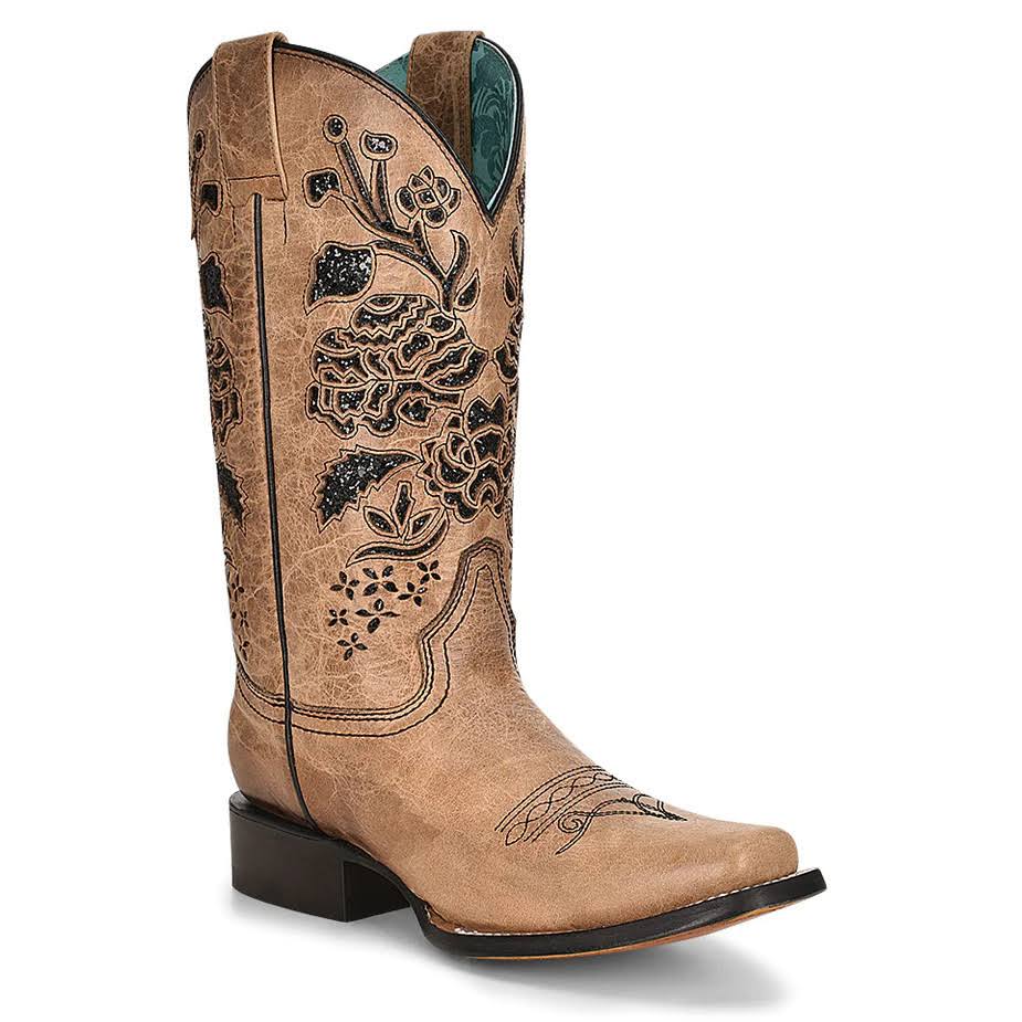 Corral Women's Sand Leather w/Black Gliiter Inlay Cowgirl Boots Size 7