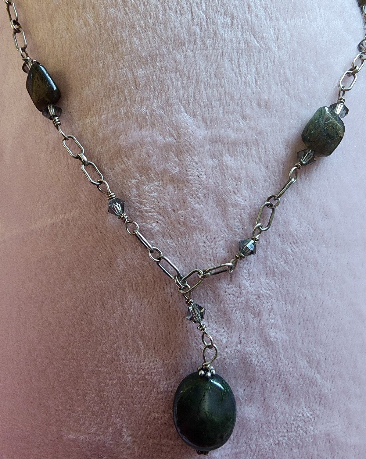 .925 sterling silver moss agate necklace, adjustable.