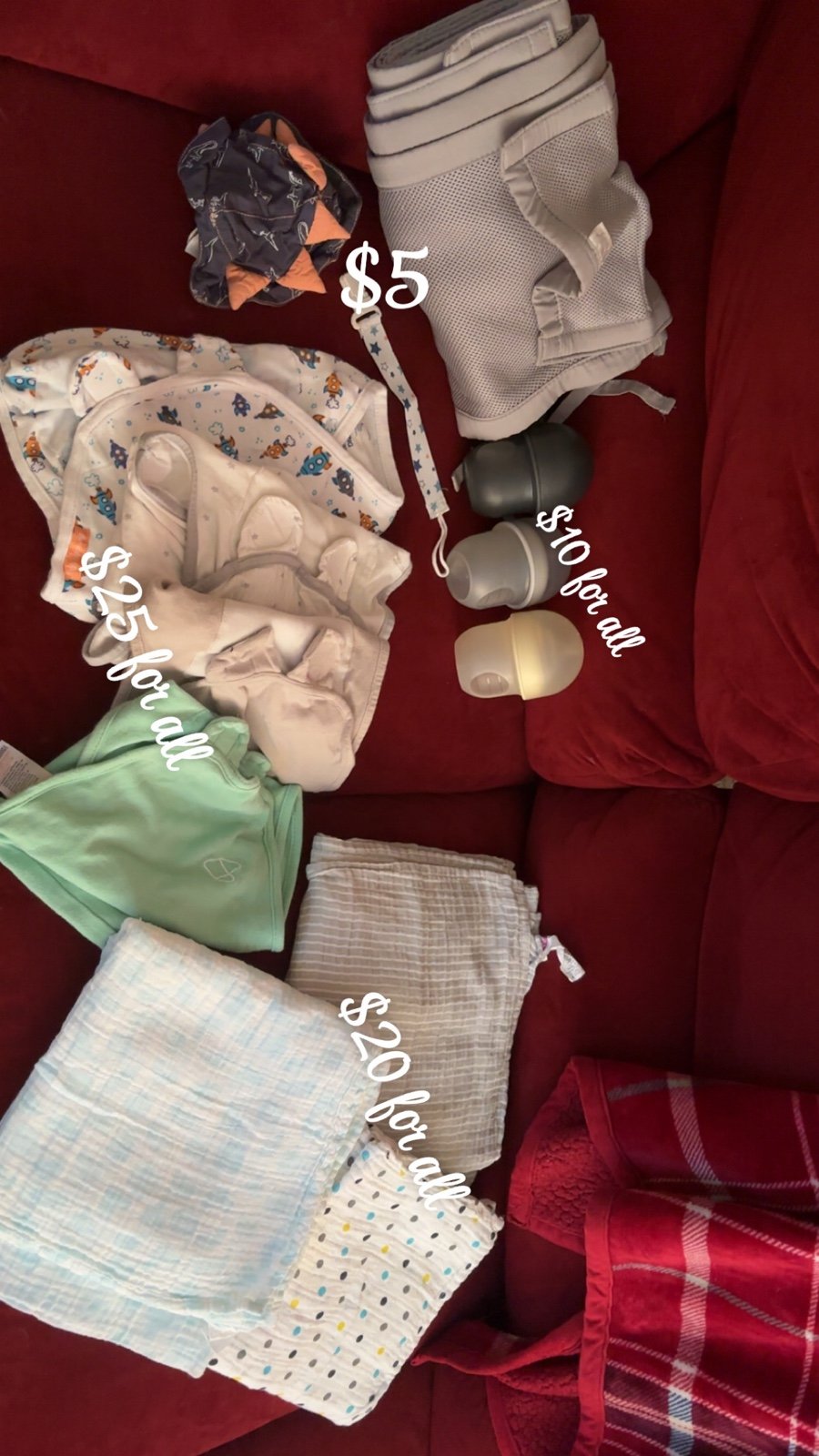 bottles, bumper pads, swaddles