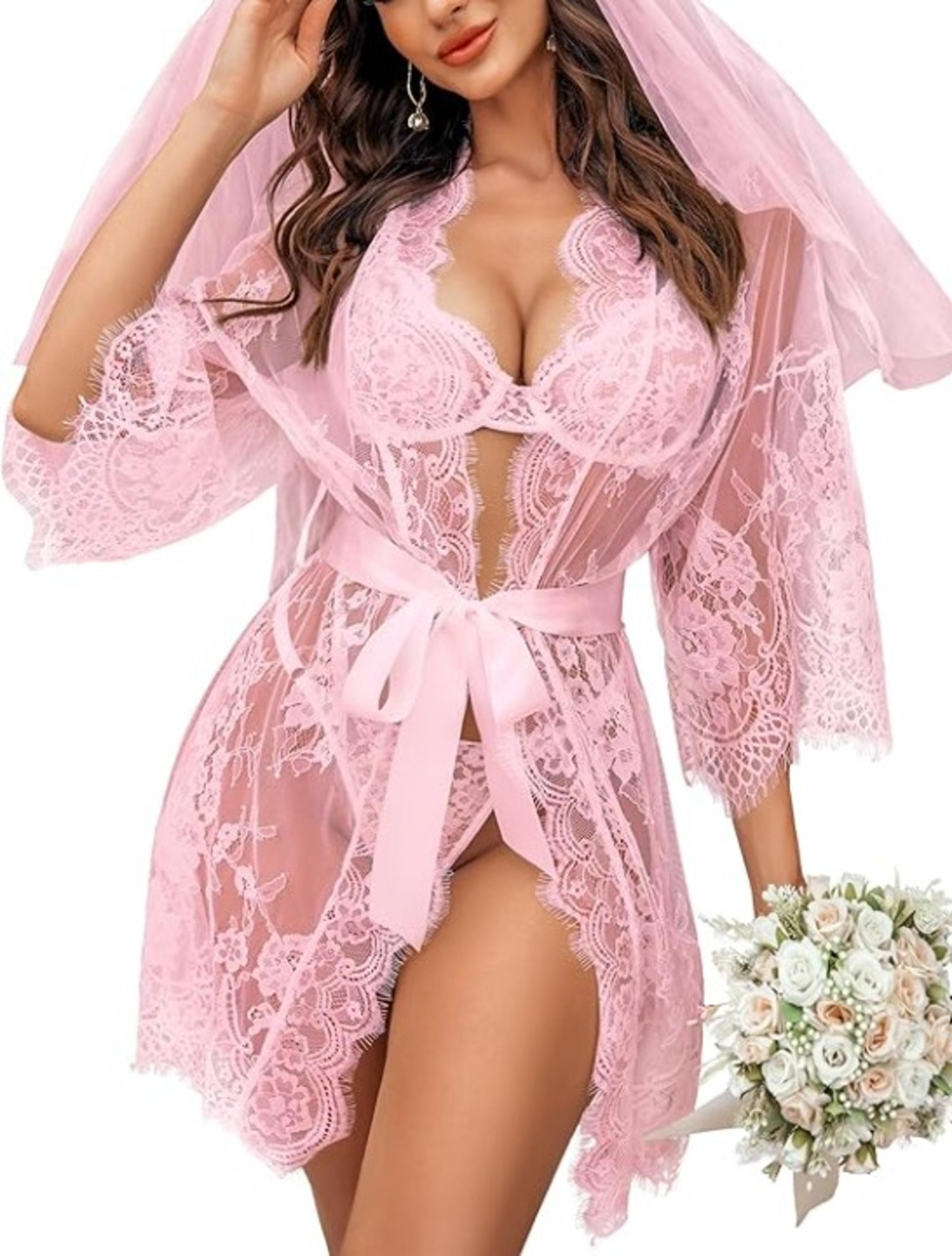 Women's Lace Kimono Robe Babydoll Lingerie Mesh Nightgown