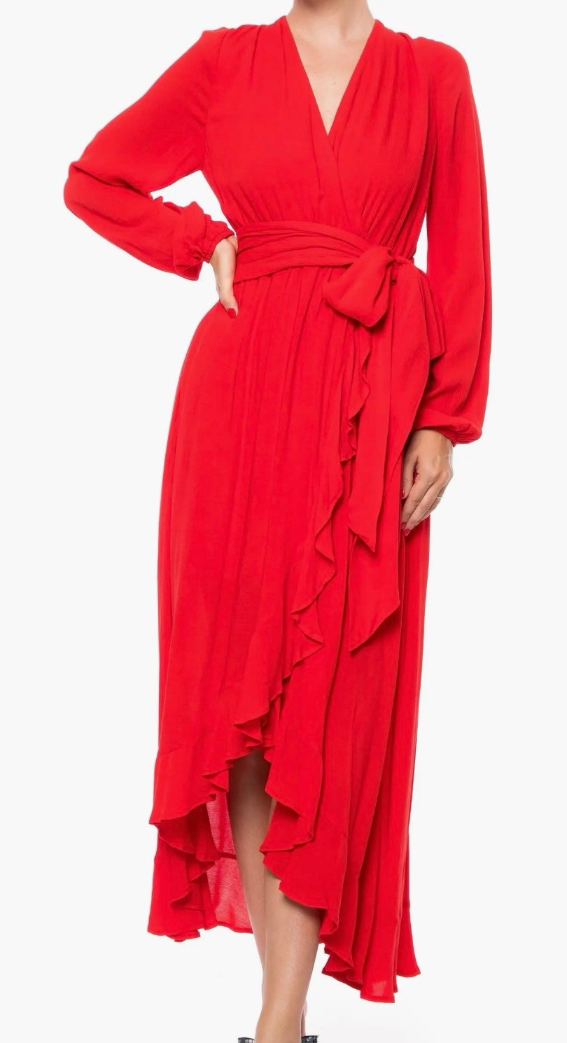 Made in Italy Wms Red Ruffle Maxi Dress Small Asymmetrical Gown Elegant Sheer