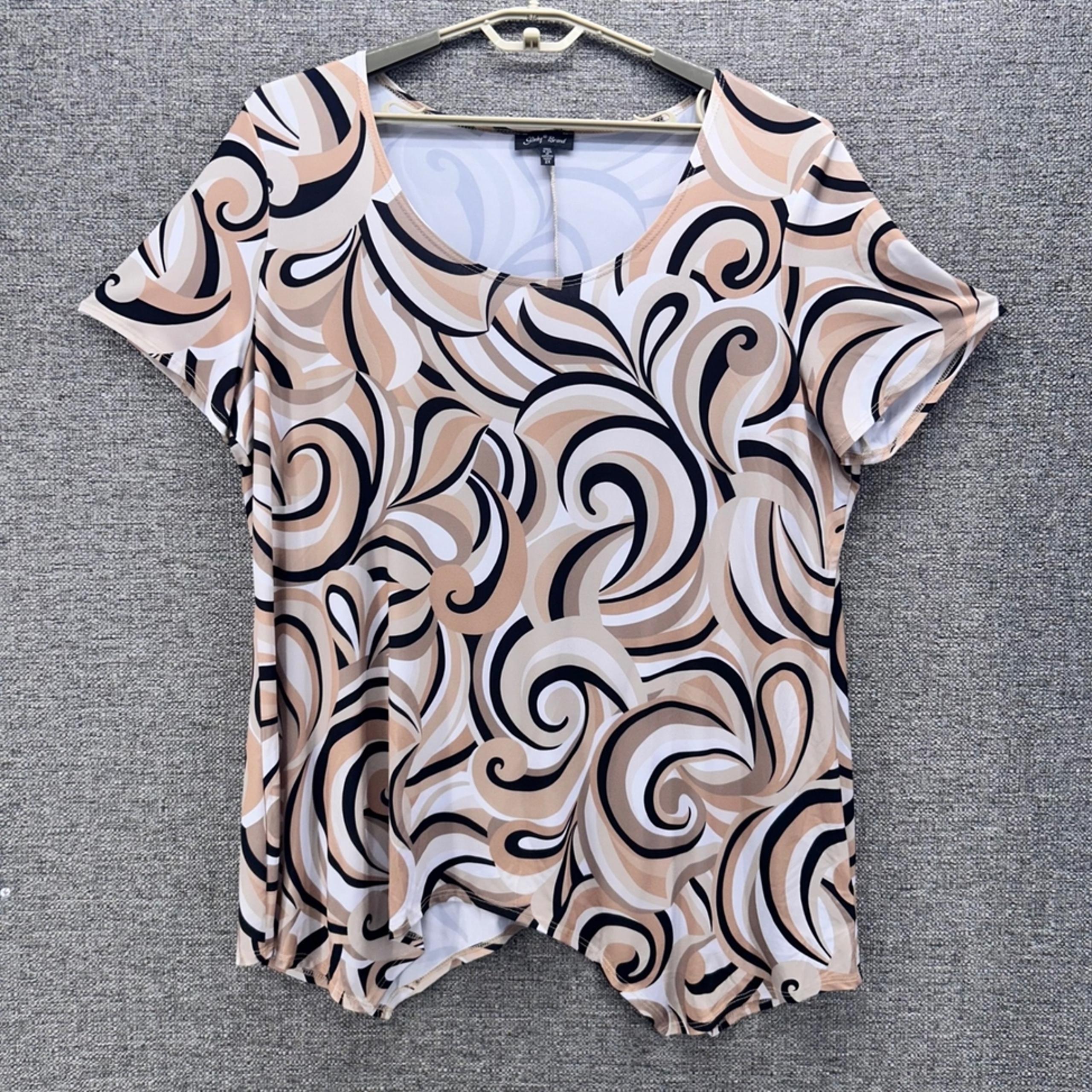 Vintage Slinky Brand Womans Blouse Size 2X Brown Swirl Short Sleeve Made in USA
