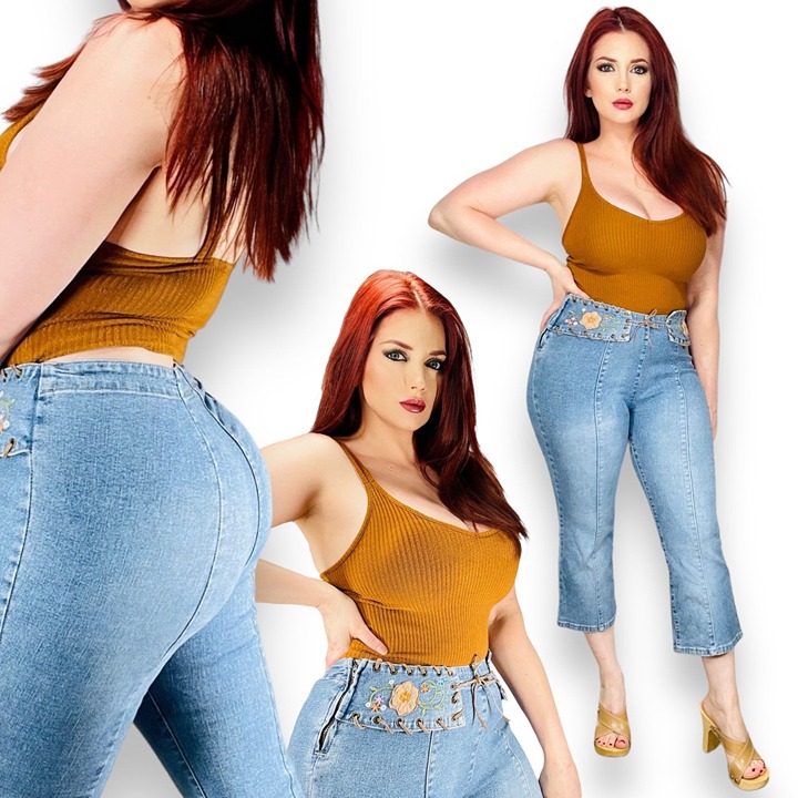 Vintage OTB Y2K Embroidered Belted Stretch Denim Cropped Capri Jeans 16 / S