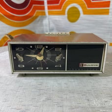 Vintage AM Bulova Clock Radio in Hollywood Regency MCM Silver Metal Bling Case