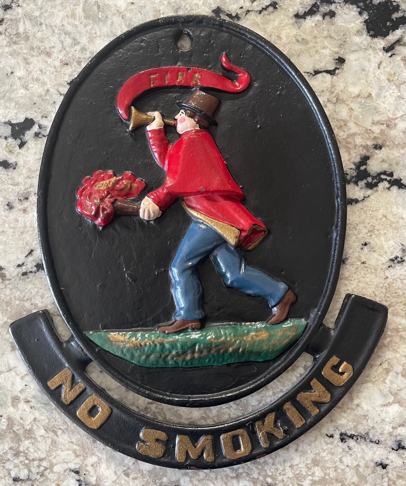 Fireman - Big Vintage Cast iron Firemark “NO SMOKING”w/Fireman Blowing Horn Alar