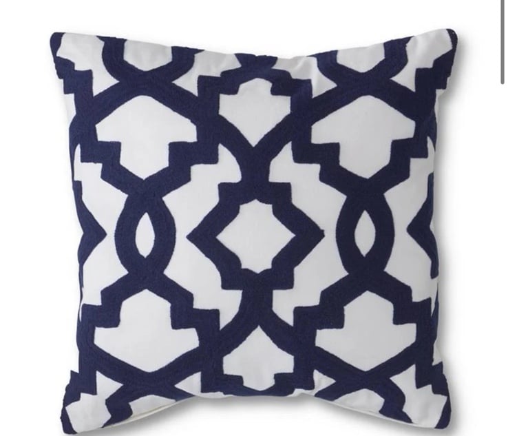 Square Knit White Pillow w/Blue Geometric Pattern
