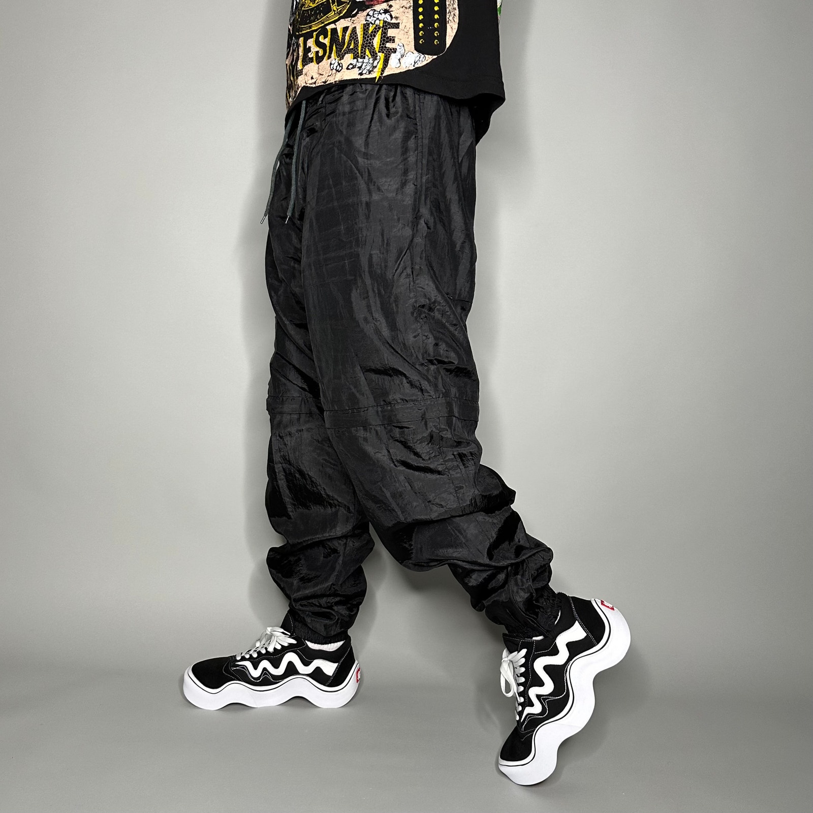 Vintage Track Pants Jet Black Nylon Joggers Lined has Ankle Zippers 90s