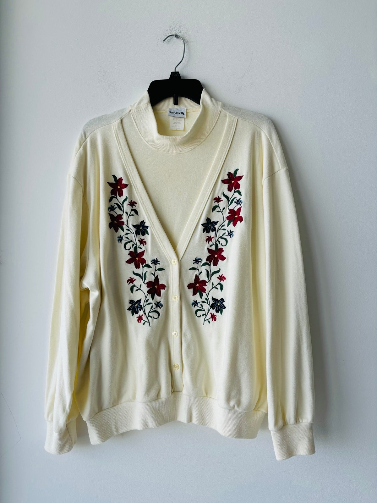 Vintage BonWorth Turtleneck Cardigan Pullover Top Grandma Cream Floral Womens XL