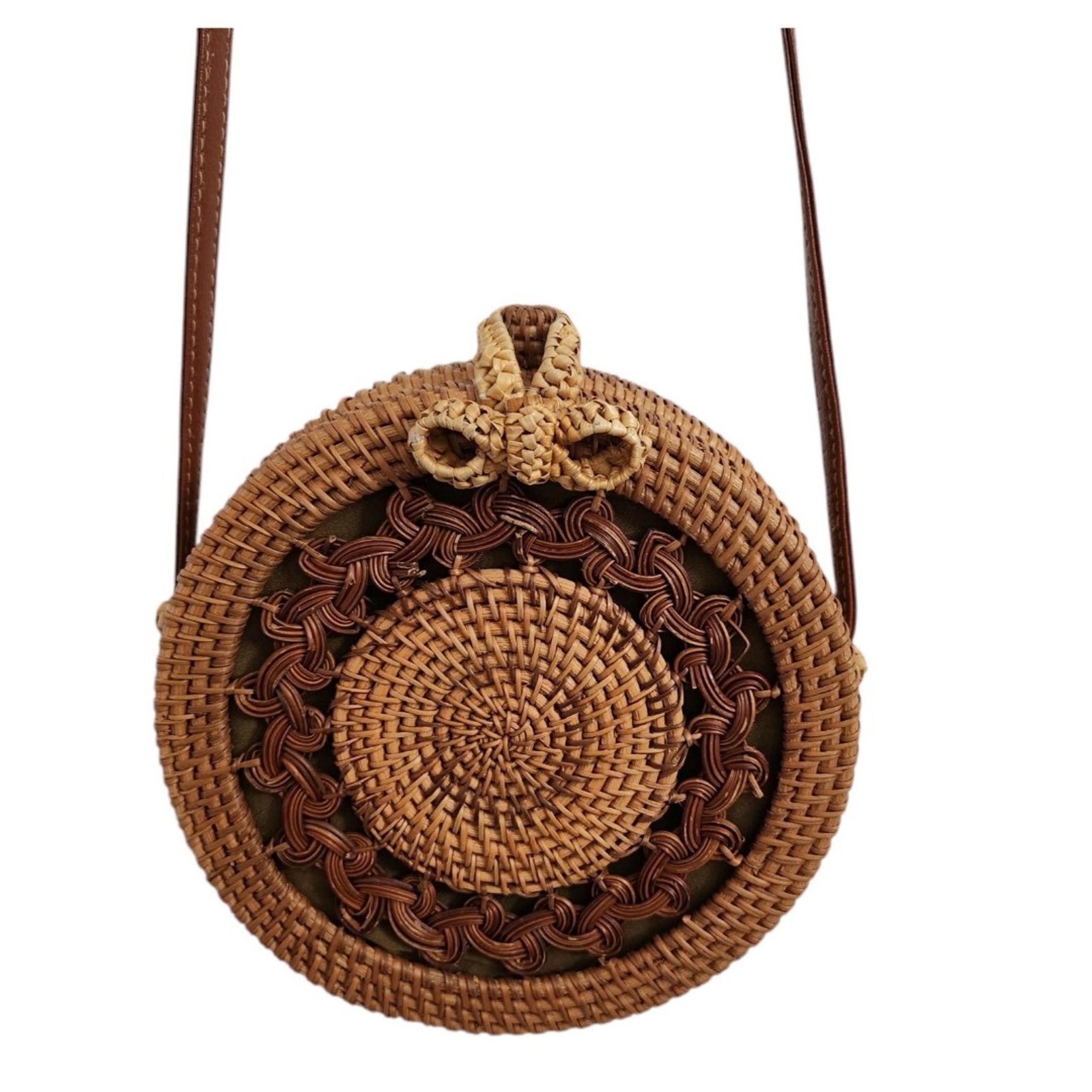 Antik Kraft Crossbody Bag Round Straw Brown Wicker Rattan Handwoven Beach Boho