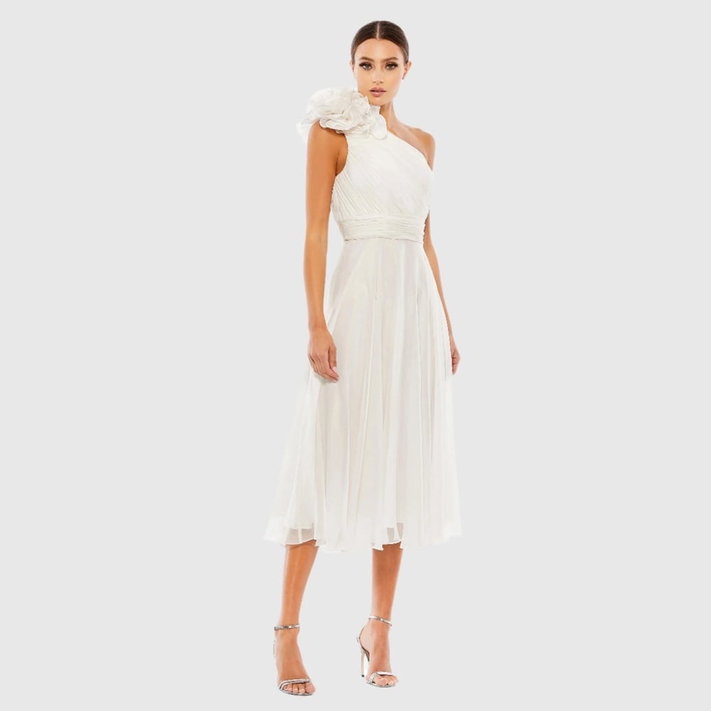 Size MAC DUGGAL 49491 NWT White Rosette One Shoulder Tea Length Dress