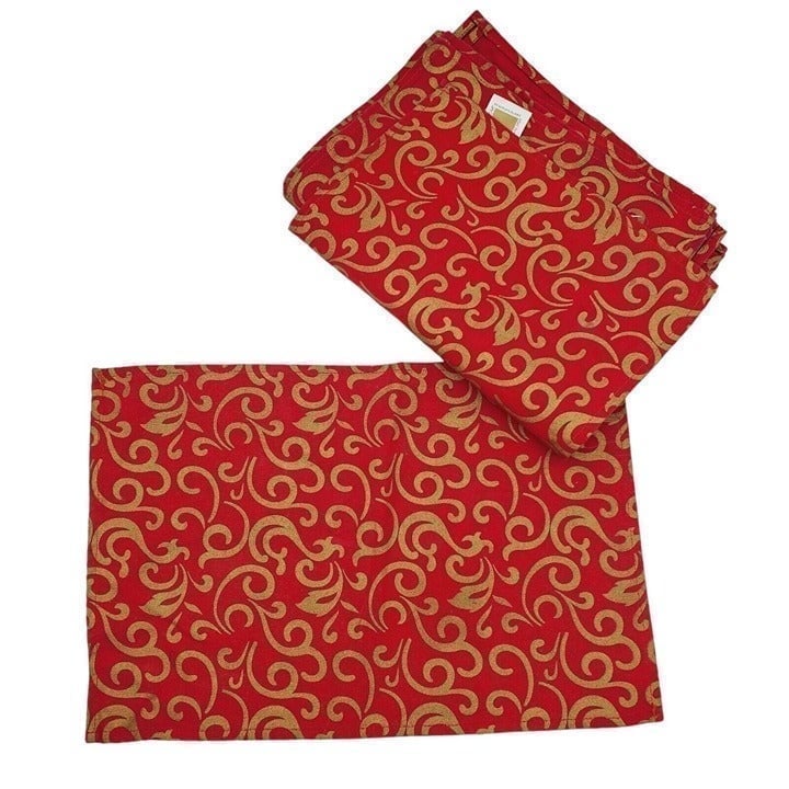 Set 8 Red Gold Damask Placemat Tablewear Marsha Blanke Holiday Canvas Fabric 18