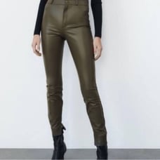 ZARA Olive Green High Waist Vegan Leather Pant with Side Split Hem || size Small