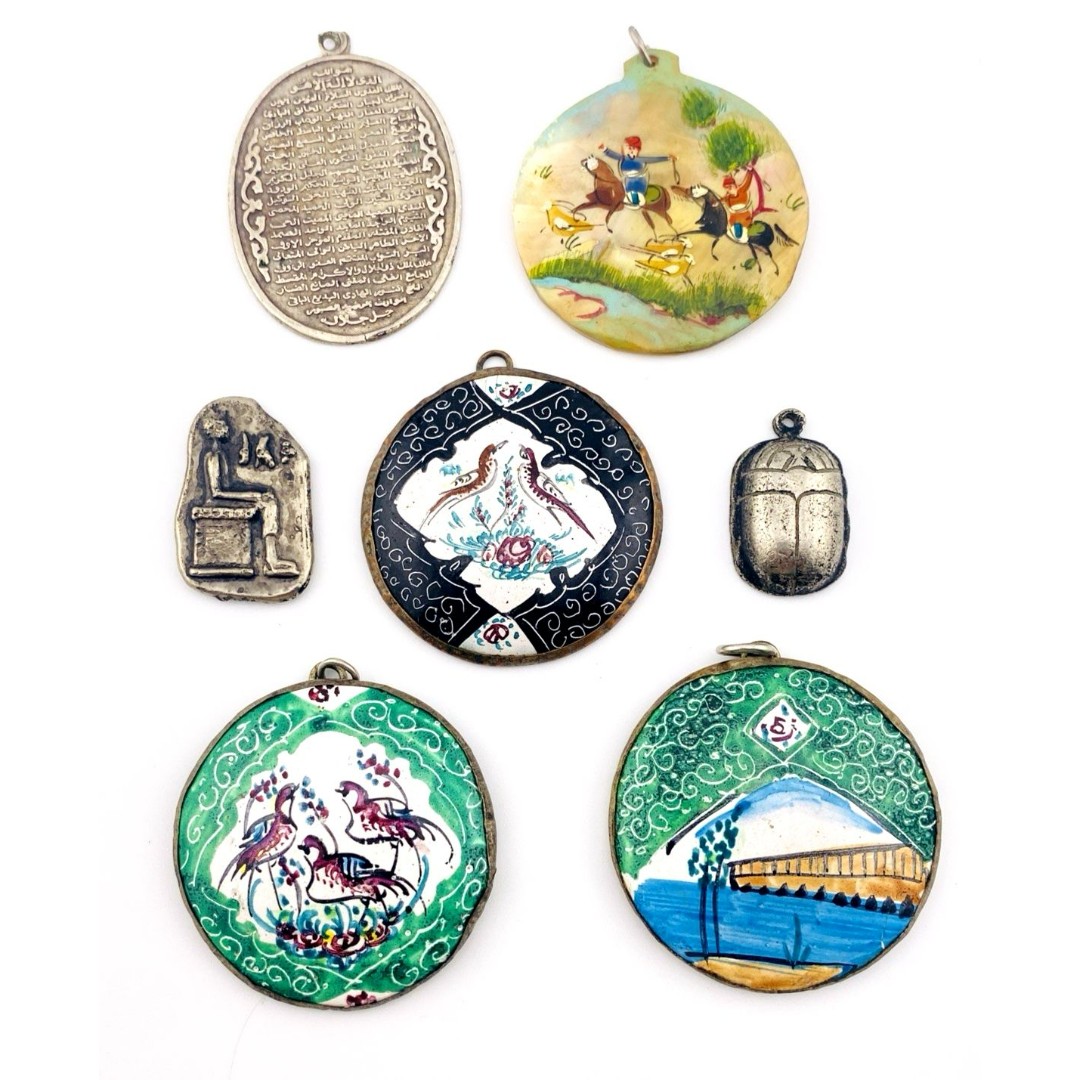 Vintage Middle Eastern Pendant Lot Enamel Egyptian Scarab Hand Painted MOP 7 pcs