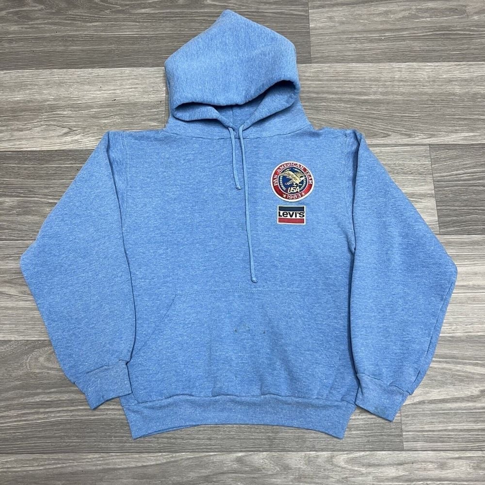 True Vintage 80s Levi's Hoodie Sweatshirt Adult XS Baby Blue Patched USA Team