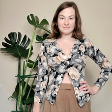 Talbots Tan Gray Black Floral Merino Wool Butttondown Cardigan Womens SP