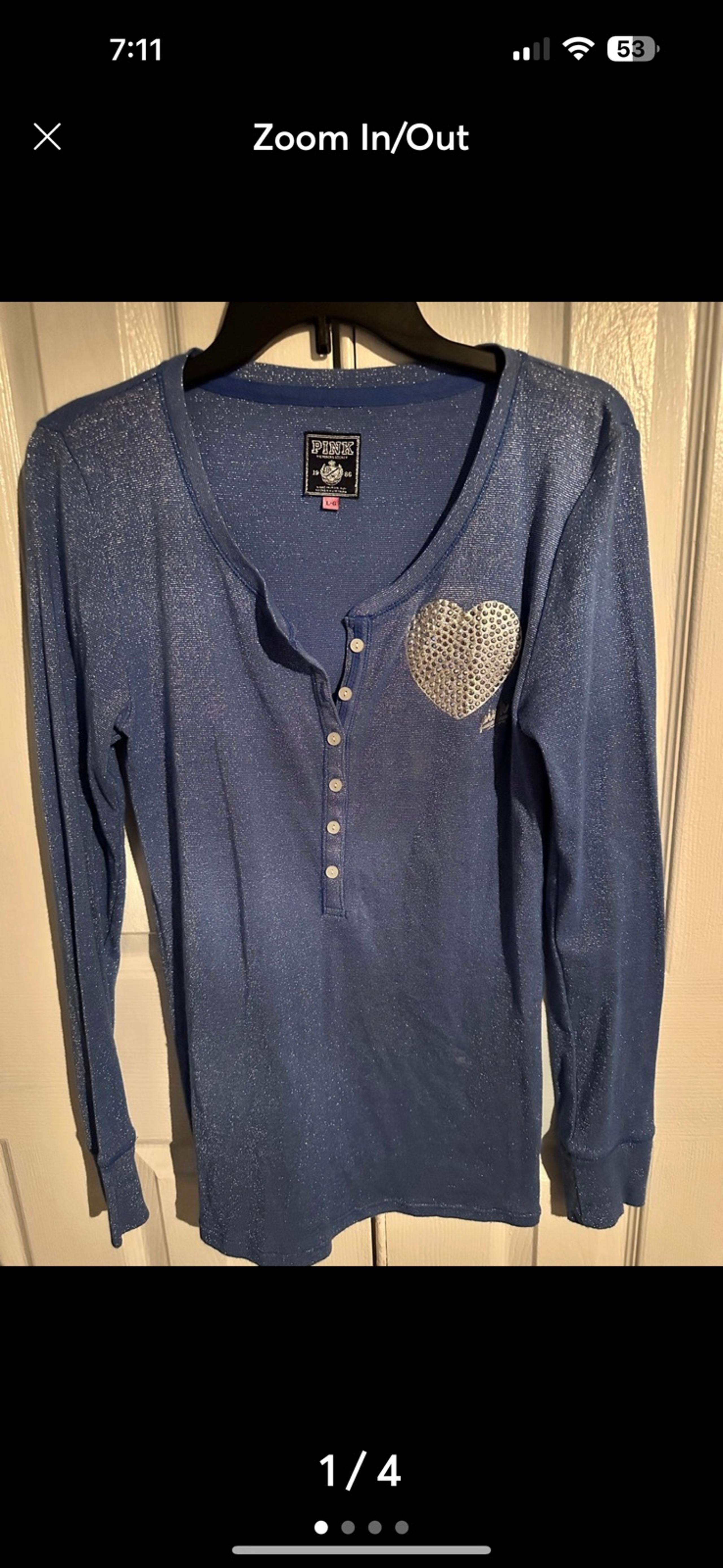 Victoria Secret Pink Top L Stretch Knit Blue Sparkle button Shirt Women's Large