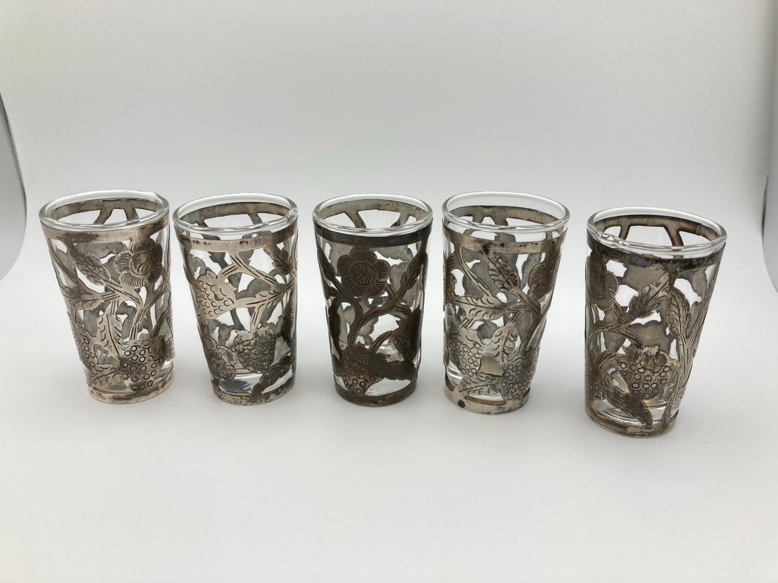 Vintage Sterling Overlay Shot Liqueur Cordial Glasses Mexico - Set of 5