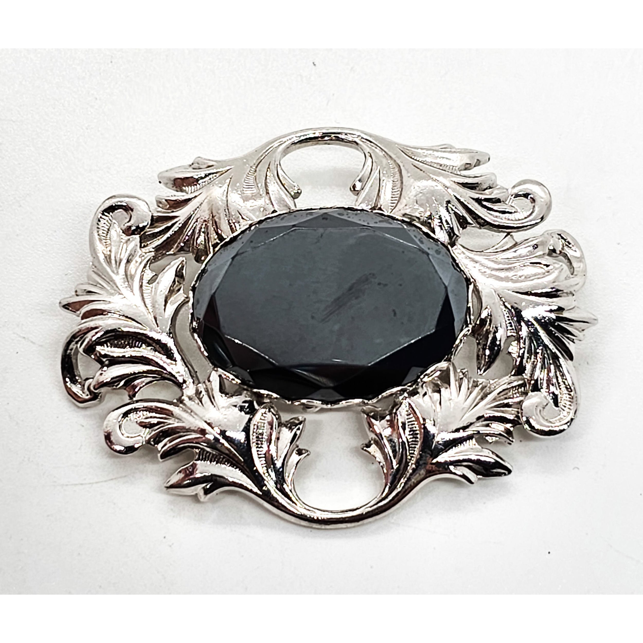 Hematite large faceted gray stone rhodium plated mid century vintage brooch
