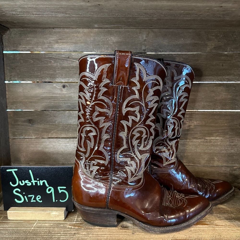Mens Justin Brown Patent Leather Vintage 2436 Western Cowboy Boots Size 9.5 D