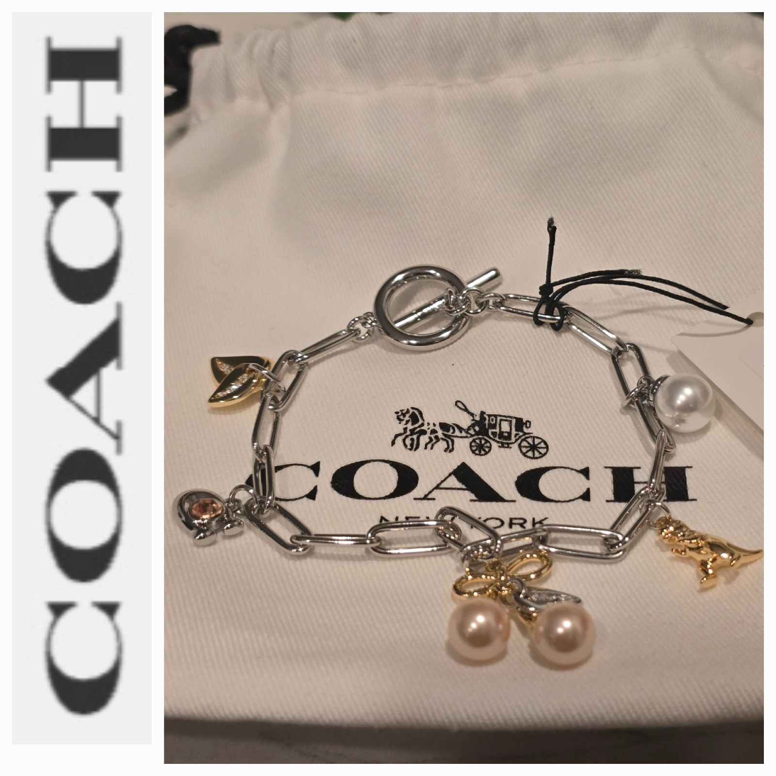 COACH Charm Bracelet with Cherries Dinosaur C Logo Pearl Charms