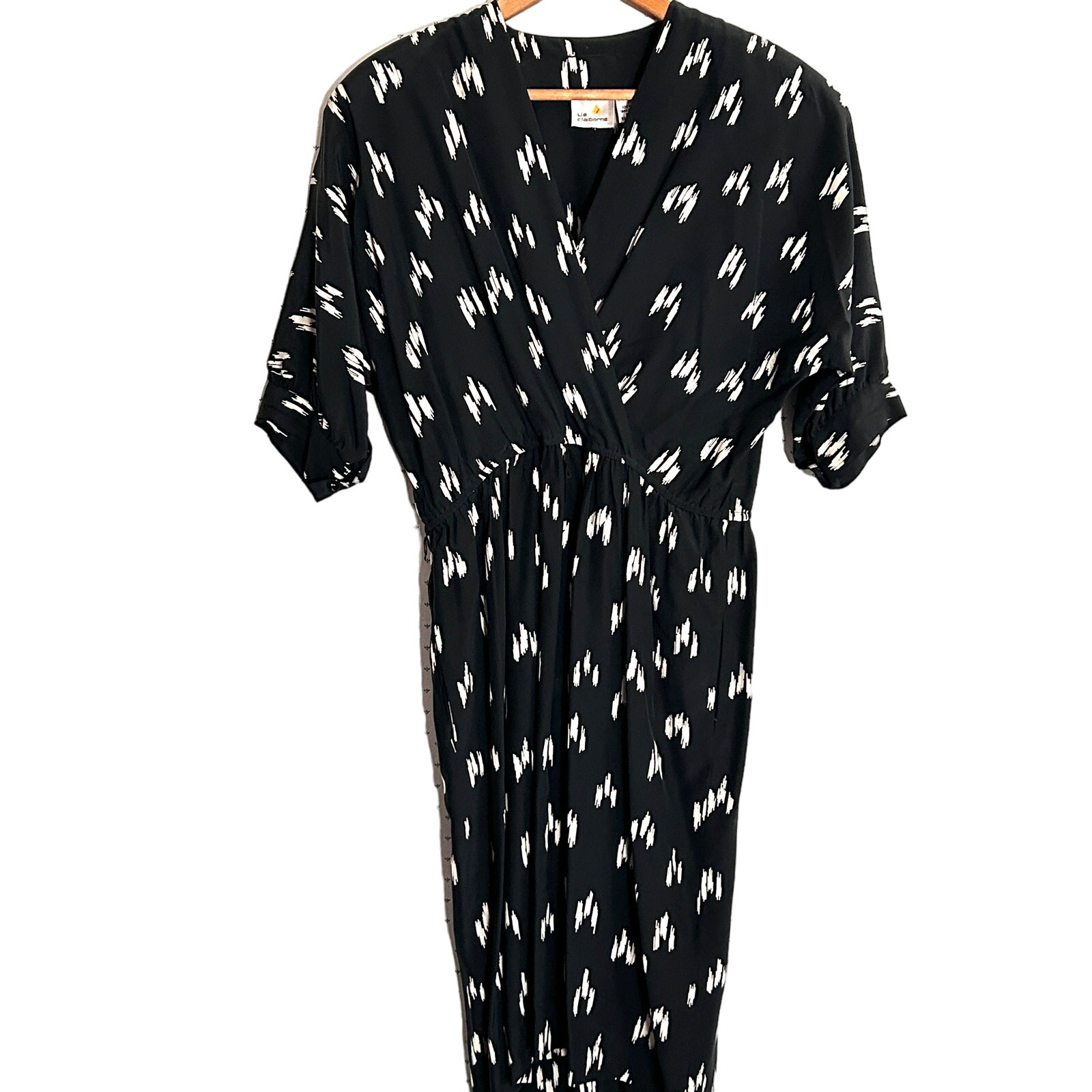 Liz Claiborne Silk Dress 8 M Black Wrap Surplice Print Midi Academia Vintage